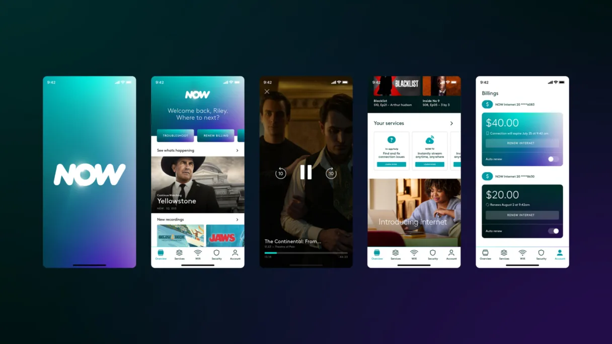 Image showing a variety of different screenshots from the NOW USA mobile app interface, set on a dark blue/green background.