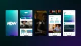 Image showing a variety of different screenshots from the NOW USA mobile app interface, set on a dark blue/green background.