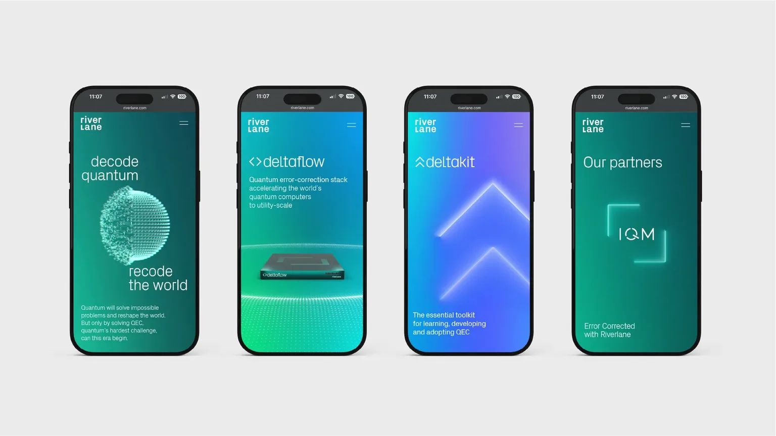 Four smartphone screens showing Riverlane’s mobile site pages: Decode Quantum, Deltaflow, Deltakit, and Our Partners featuring IQM.