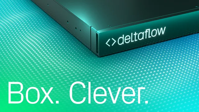 Close-up of Riverlane’s Deltaflow quantum computing hardware on a glowing grid surface with the tagline ‘Box. Clever.'