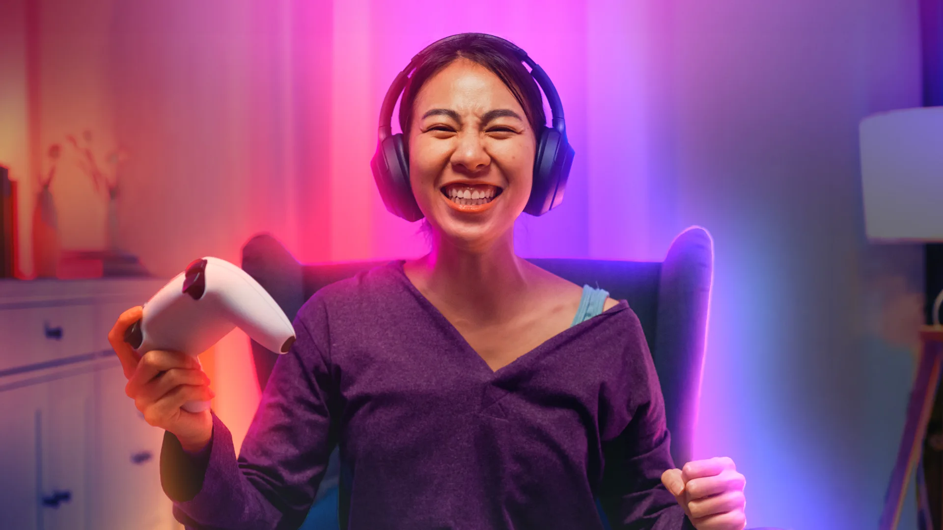 Sky Broadband gamer in glowing connected home