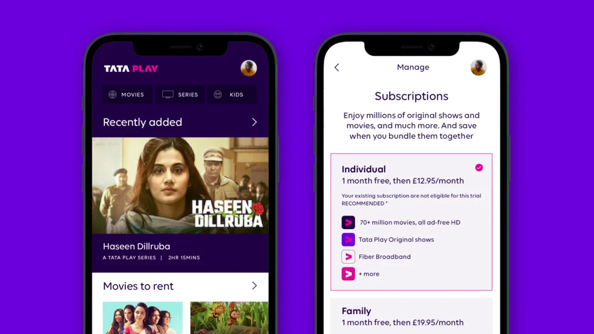 Images showing the interface of the Tata Play mobile app, featuring the home screen and the subscriptions page, set against a purple background.