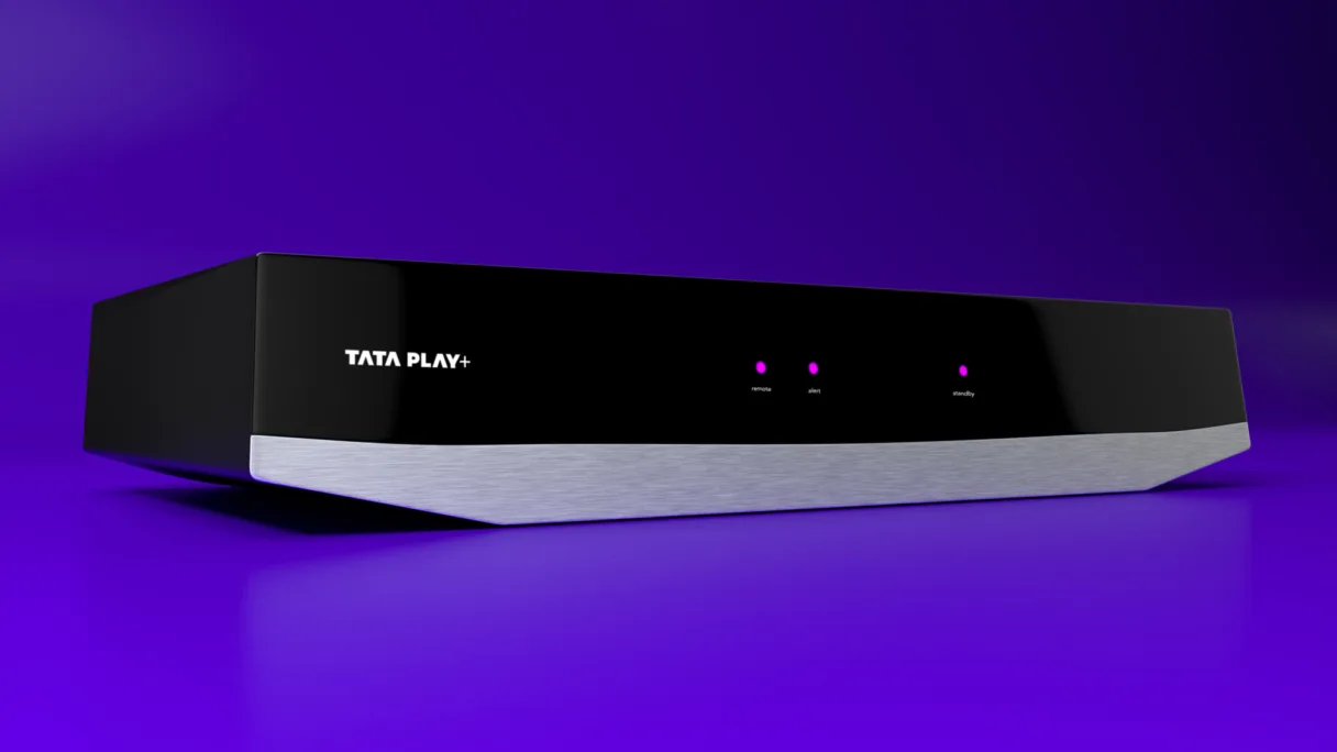 Image featuring the Tata Play console, shown on a purple background.