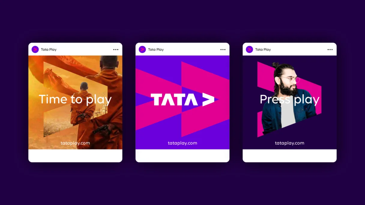 Image showing 3 Tata Play social media posts, with a variety of content. Set against a purple background.